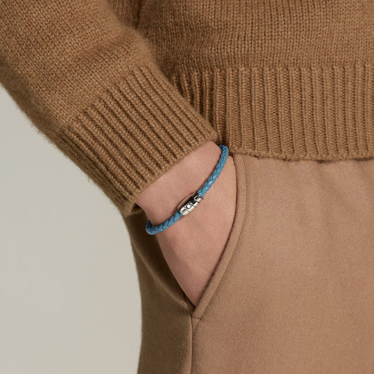 Montblanc bracciale in acciaio a 3 anelli e pelle Meisterstück Blu Fumè misura M 13429363