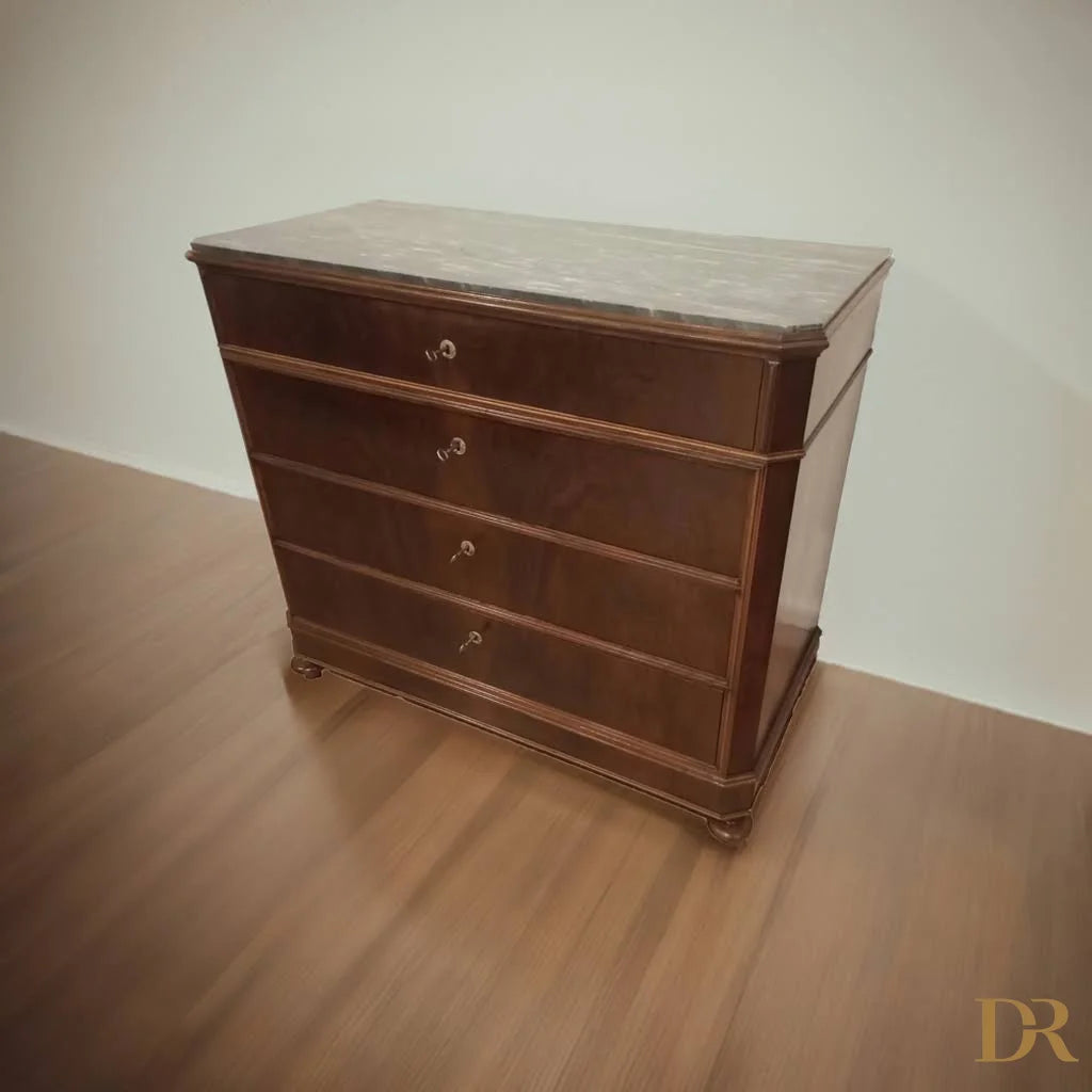 Cassettiera classica in noce XIX secolo con piano in marmo, cassettone cassettiera xix secolo