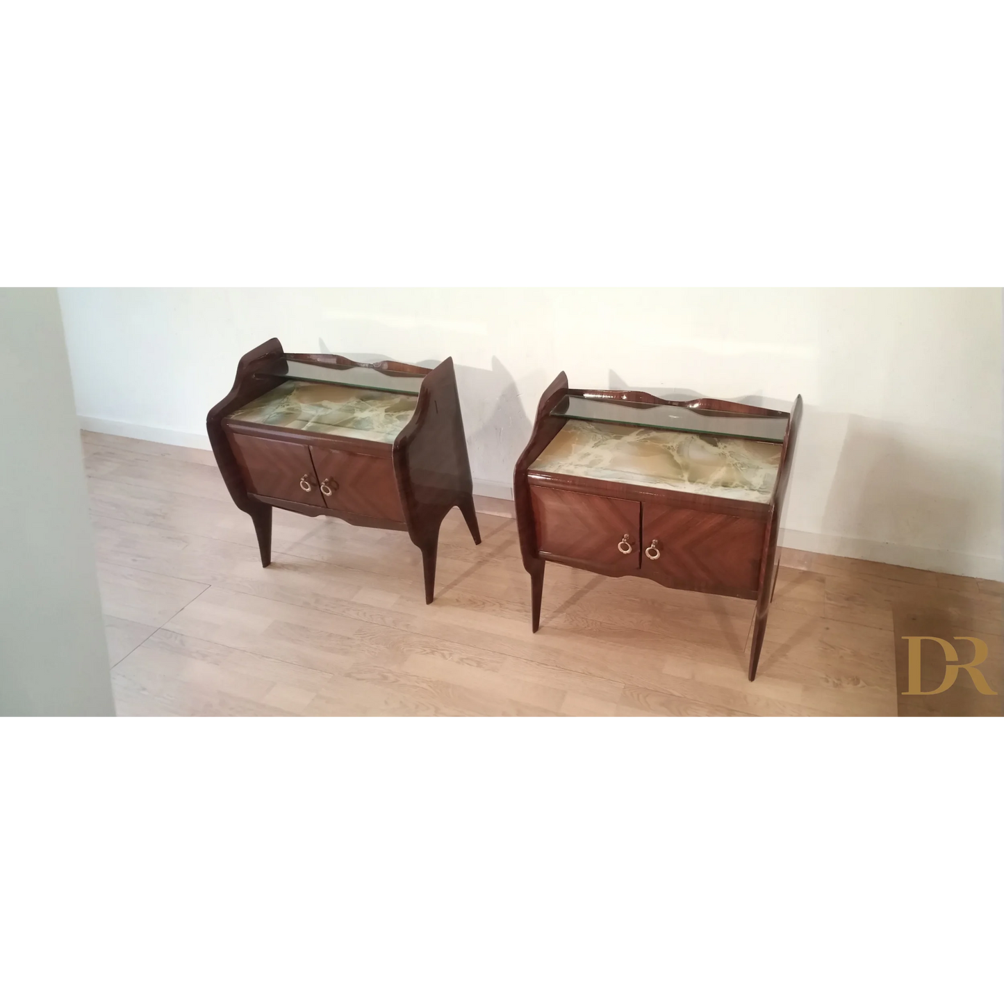 Comodini in Palissandro Anni 50 design moderno, comodini in legno con piano in vetro