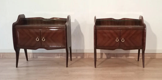 Pair of mid-century modern italiano wooden bedside tables with curved edges and brass handles in palissandro design