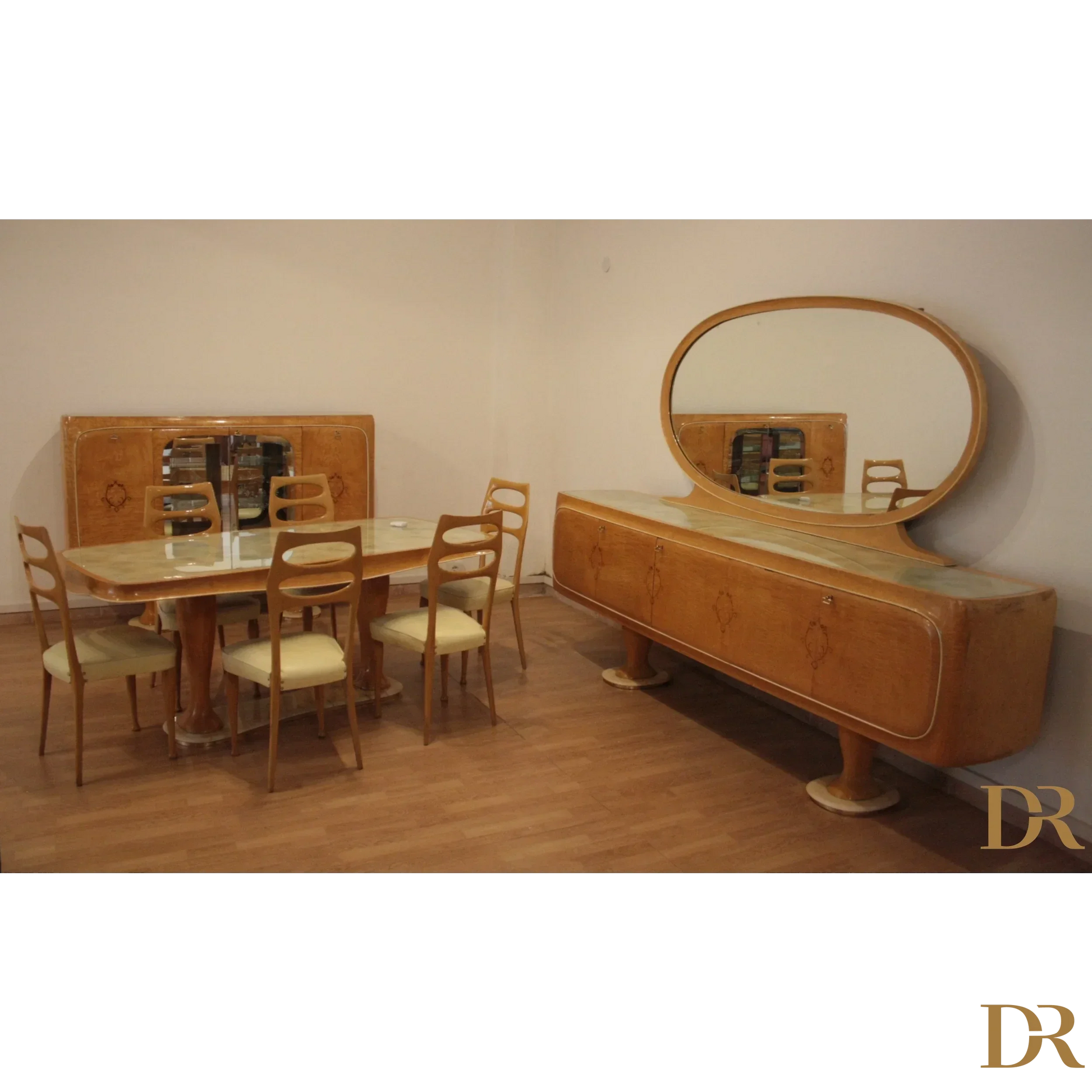 Credenza Mid-Century Moderna di Vittorio Dassi con Art Deco dining set, Dario Raia Antiquariato