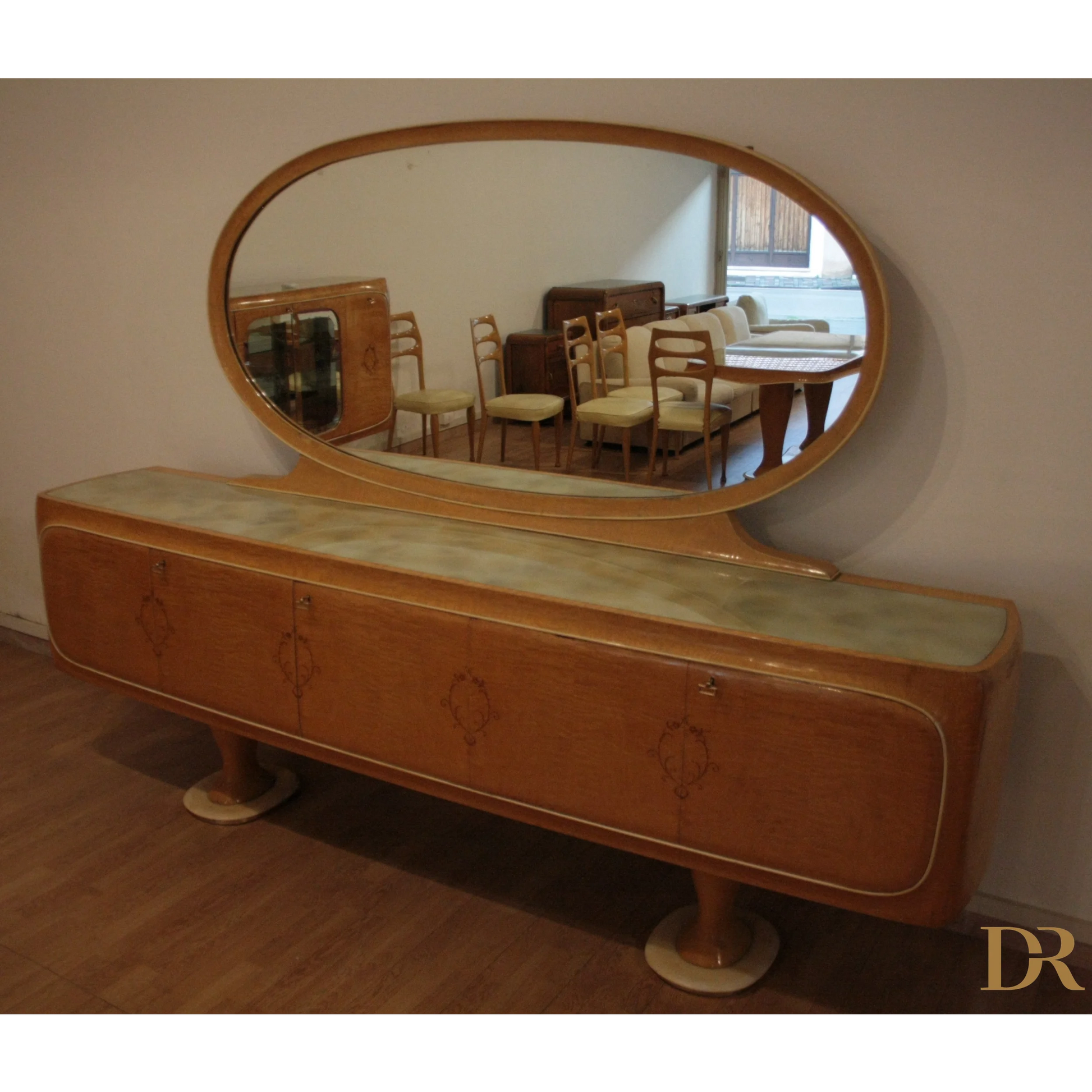 Credenza mid-century moderna Vittorio Dassi con specchio ovale, dario raia antiquariato
