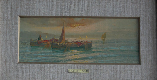 Framed painting by remo testa coppia depicting boats on water in italian secolo xx marine landscape style