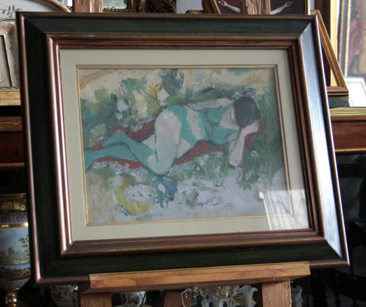 Dipinto olio su tela raffigurante donna distesa con firma di savino labò in cornice elegante