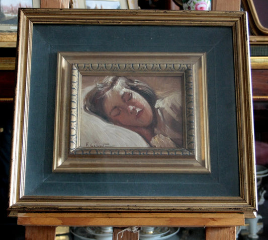 Framed painting bambina dormiente by Francesco Galante featuring a sleeping woman signed opera