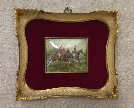 Miniatura olio su tela inglese del xix secolo con straordinaria miniatura firmata e cornice originale su fondo velluto rosso