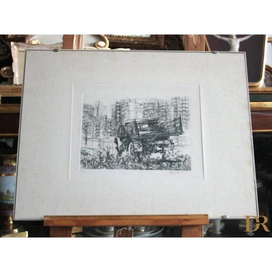 Framed black and white drawing of a truck by Renzo Vespignani Italiano, dimensioni quadro appropriate