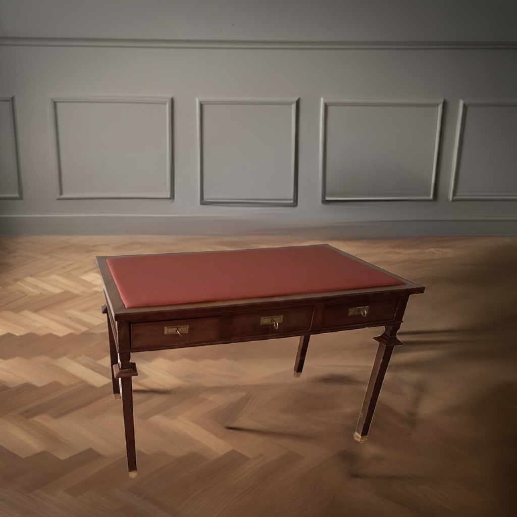Scrivania stile impero noce con piano in pelle e piedi in ottone