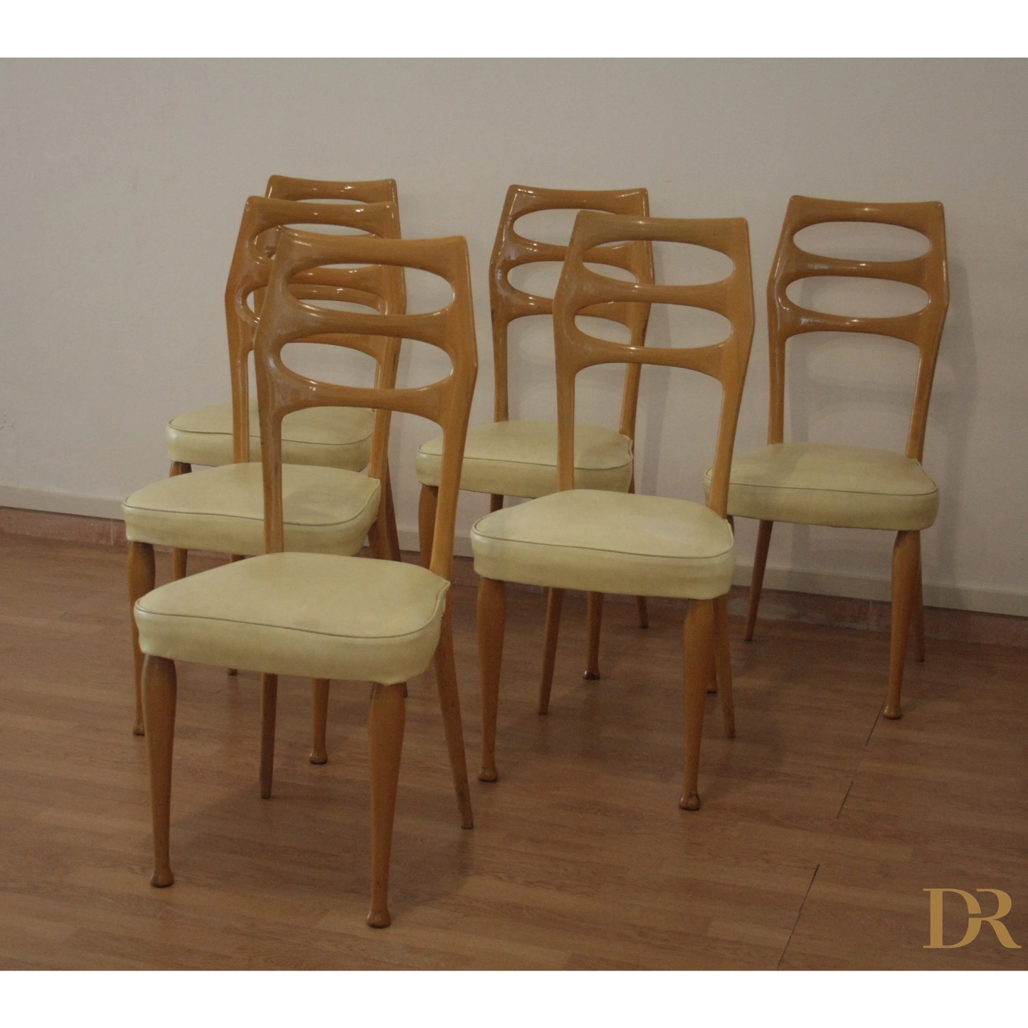 Set di 6 sedie in legno di Vittorio Dassi, pranzo Mid-Century Moderne, con sedili crema
