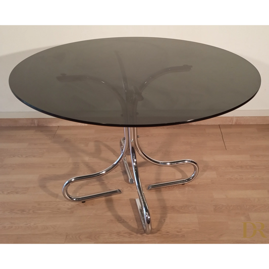 Tavolino da caffè Mid-Century in acciaio cromato con ripiano rotondo in vetro fumé