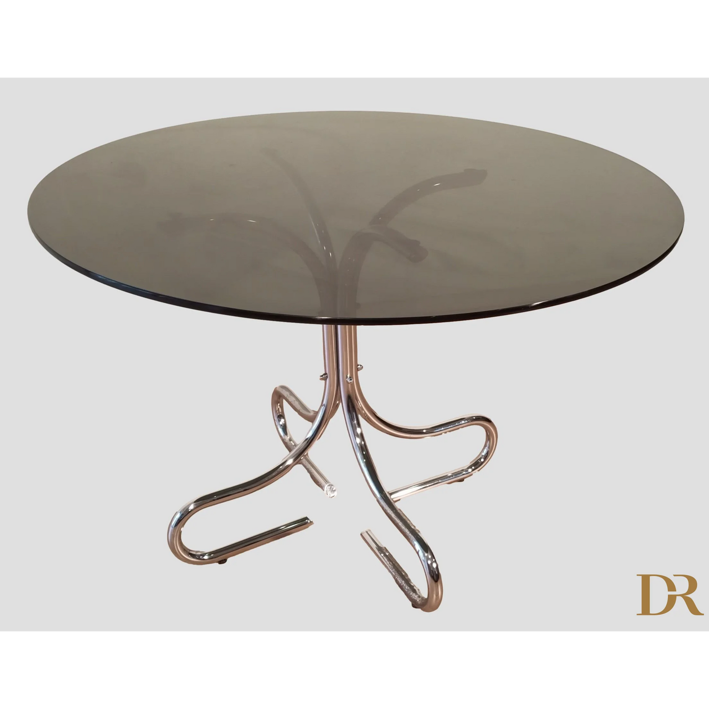 Tavolino da caffè in acciaio cromato con piano rotondo in vetro fumé, Italia