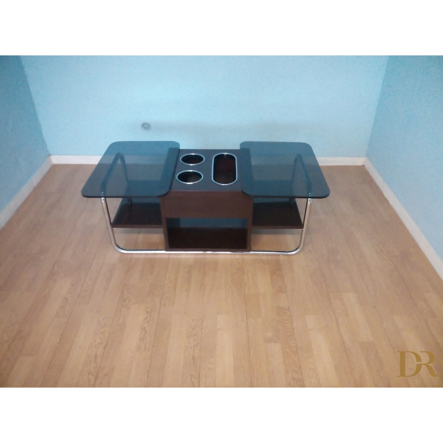 Tavolino bar vintage in metallo cromato splendido con centro in vetro moderno