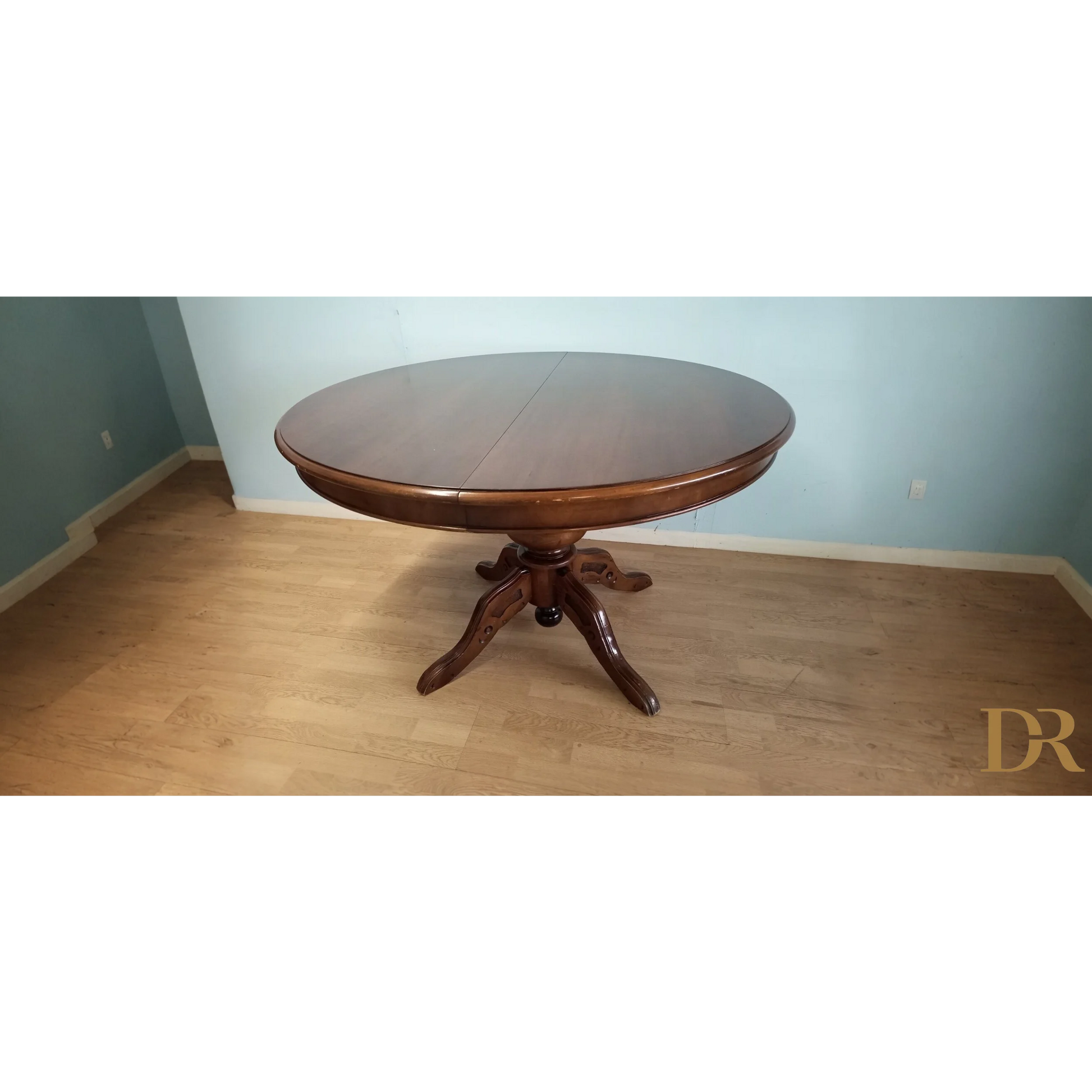 Tavolo tondo allungabile in stile Luigi Filippo con base pedestale ornamentale