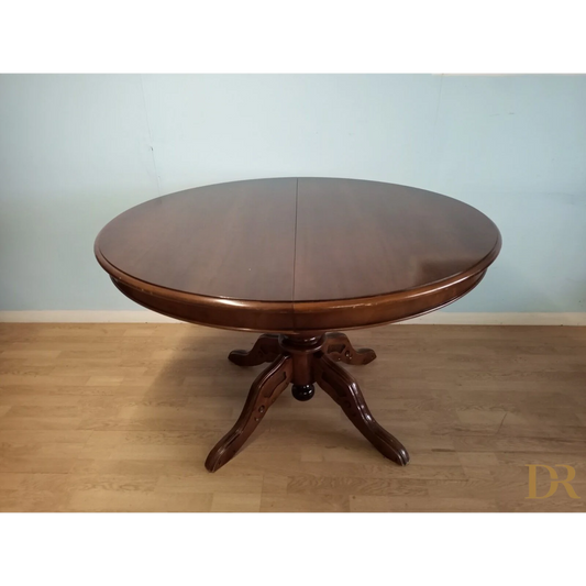 Tavolo tondo allungabile stile Luigi Filippo con base a piedistallo e gambe intagliate