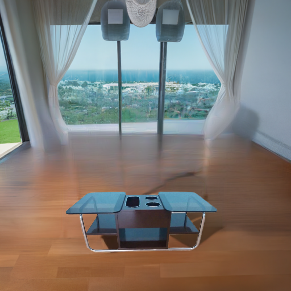 Alt text: Tavolino bar vintage in vetro e metallo cromato splendido stile anni 70