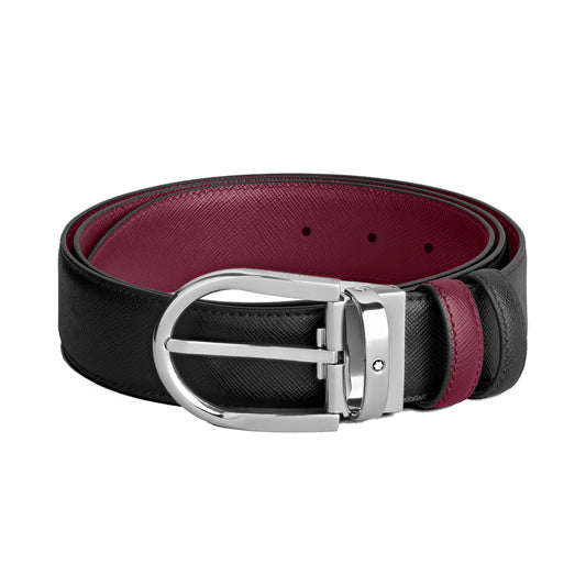 Montblanc cintura reversibile 35 mm pelle nera/cassis con fibbia a ferro di cavallo 199638
