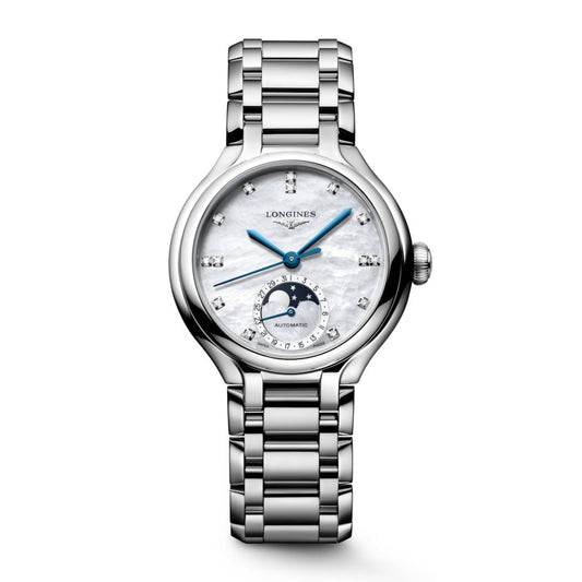 Longines orologio Primaluna Moonphase 34mm madreperla diamanti automatico acciaio L8.126.4.87.6