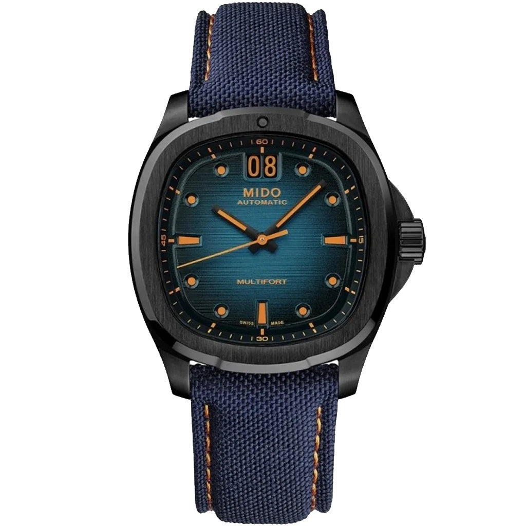 美度 Multifort TV 大日历腕表 39x40mm 蓝色自动上链钢黑色 PVD ​​镀层腕表 M049.526.37.041.00