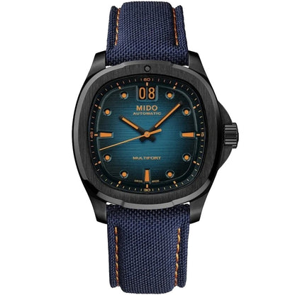 美度 Multifort TV 大日历腕表 39x40mm 蓝色自动上链钢黑色 PVD ​​镀层腕表 M049.526.37.041.00