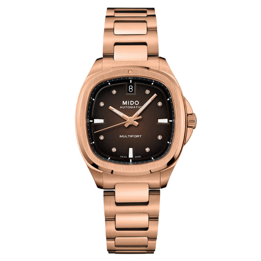 Mido orologio Multifort TV 35mm marrone diamanti automatico acciaio finitura PVD oro rosa M049.307.33.296.00