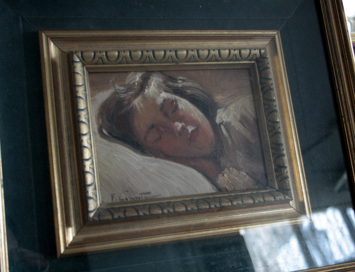 Dipinto incorniciato della bambina dormiente di Francesco Galante, opera firmata