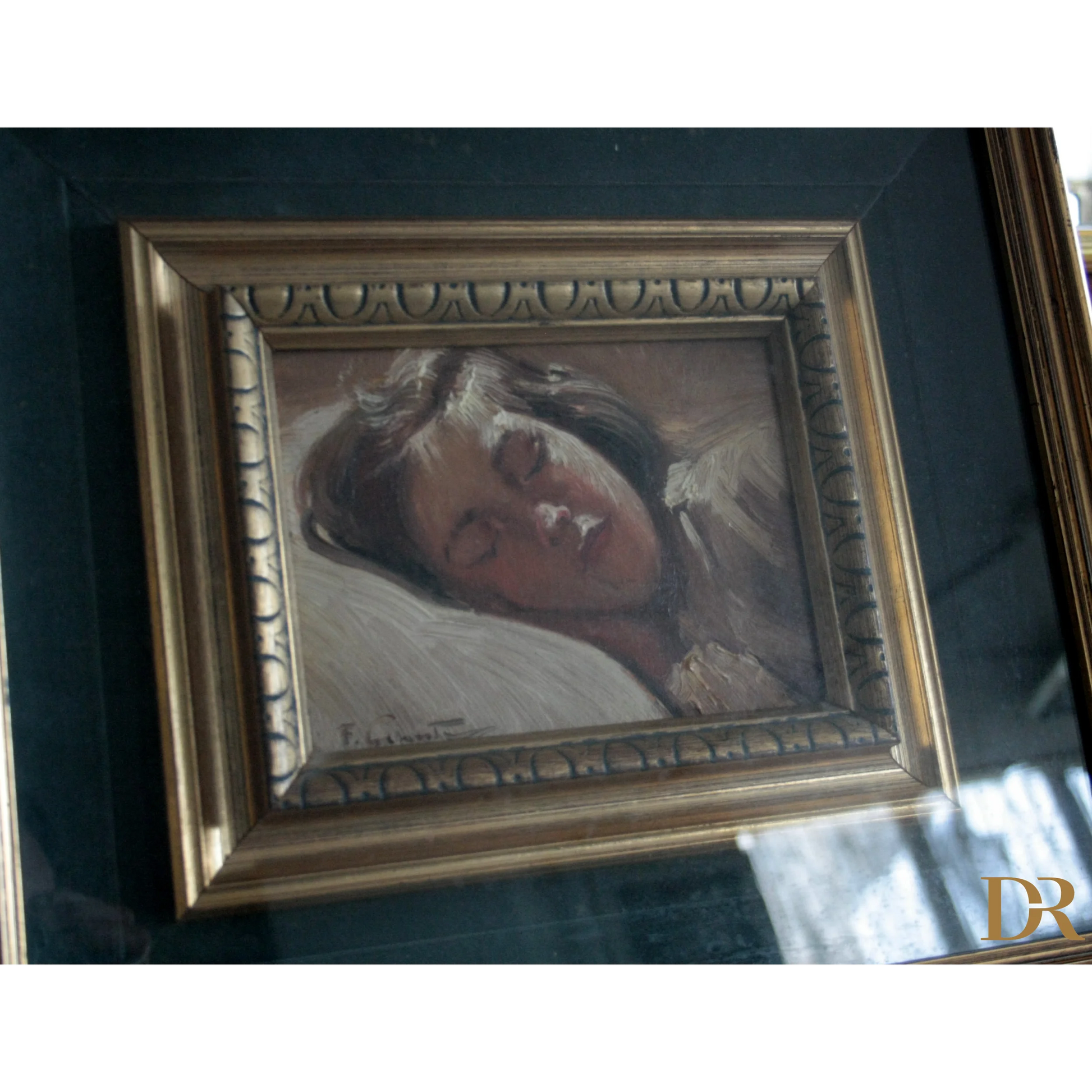 Dipinto incorniciato della bambina dormiente di Francesco Galante, opera firmata