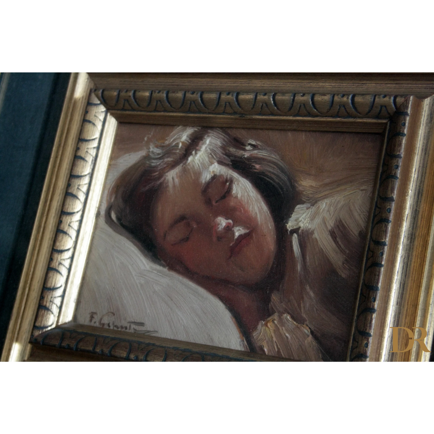 Dipinto incorniciato di una bambina dormiente di Francesco Galante opera firmata