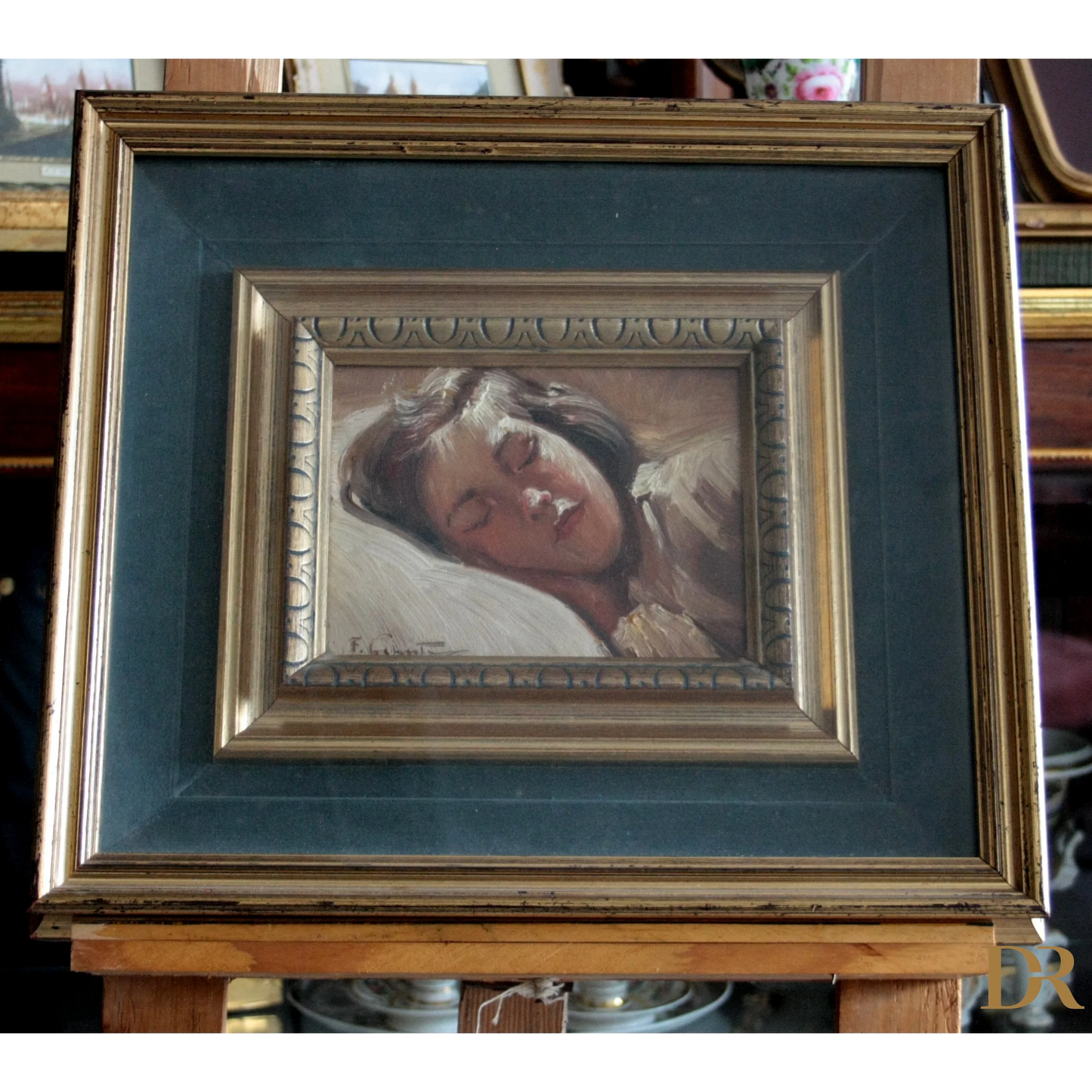 Quadro di francesco galante, bambina dormiente, opera firmata, pittura romantica