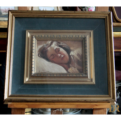 Quadro di francesco galante, bambina dormiente, opera firmata, pittura romantica