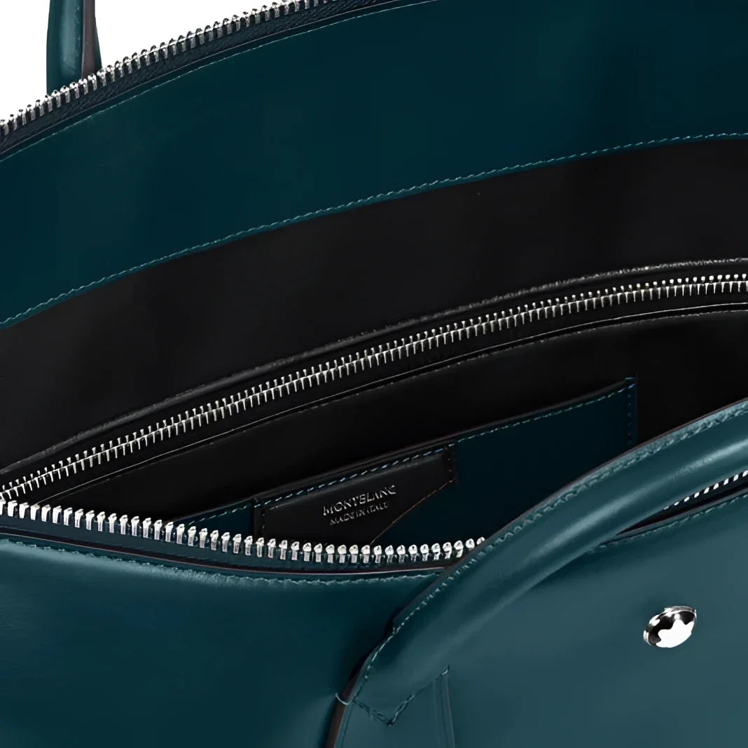 Montblanc borsa 24 7 soft blu legion in pelle teal con interno nero zip argento maestria artigianale