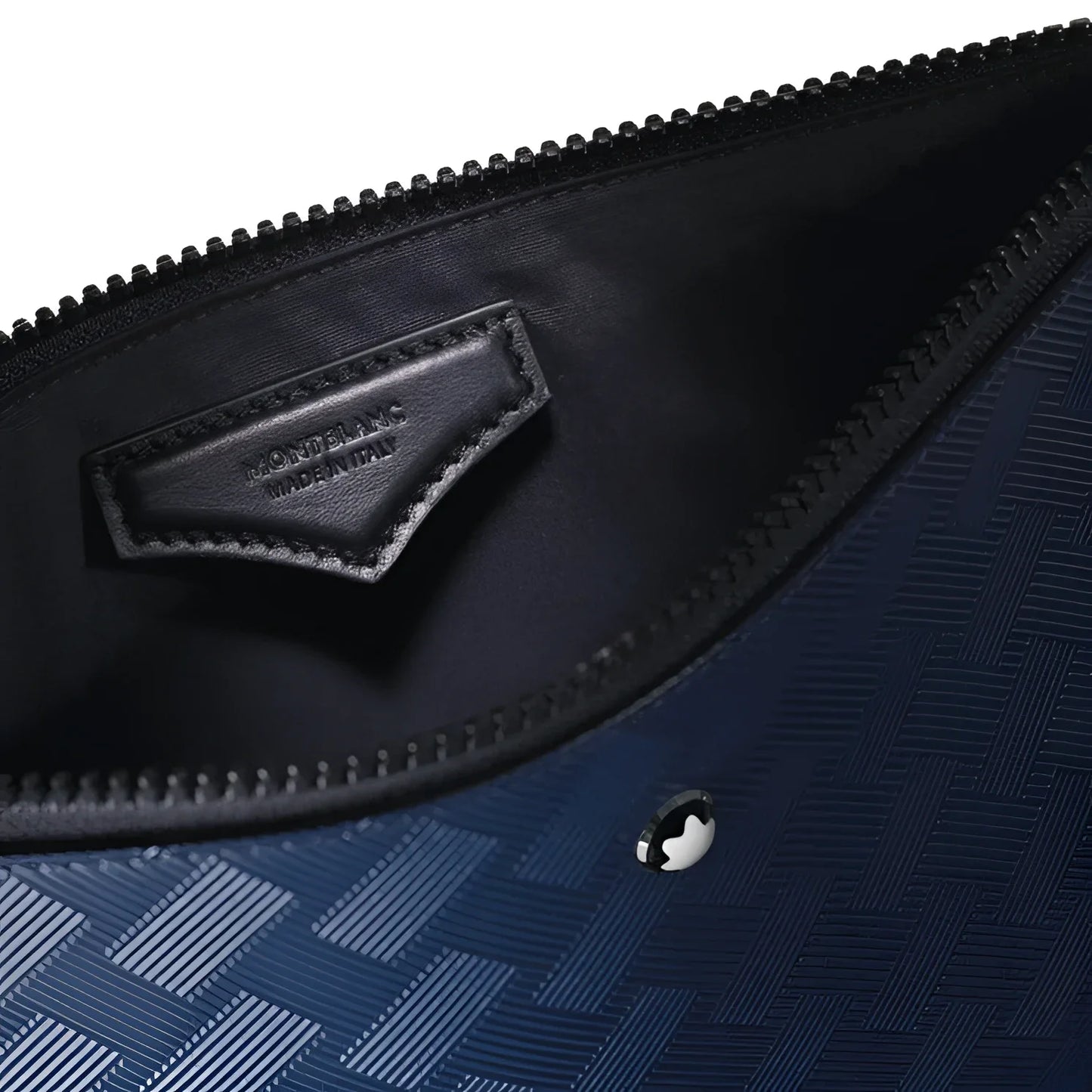Monteblanc borsetta astuccio extreme 3.0 blu inchiostro con motivo geometrico e logo su etichetta in pelle