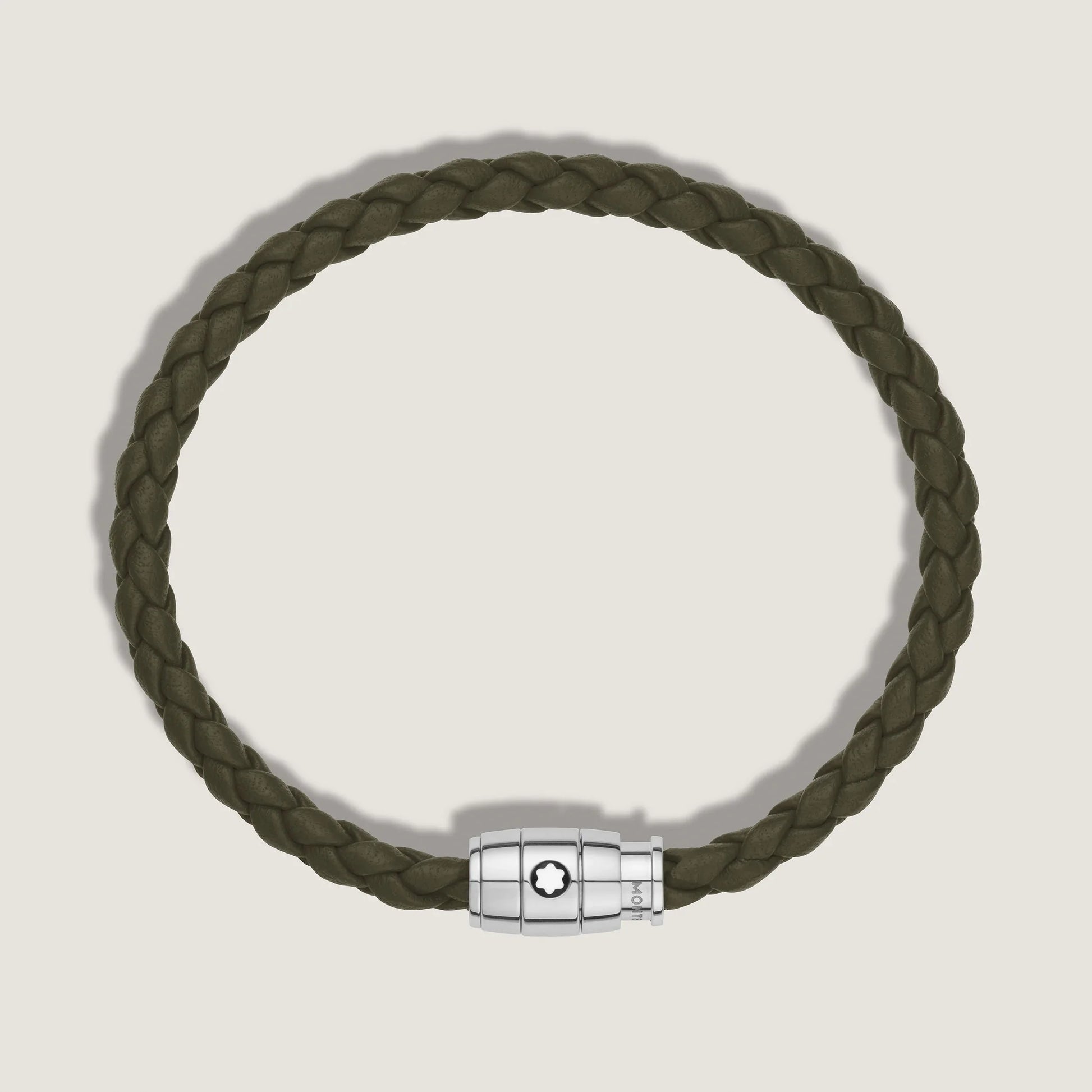 Montblanc bracciale in pelle kaki intrecciata con chiusura magnetica in acciaio pregiato lucido impreziosito dallemblema