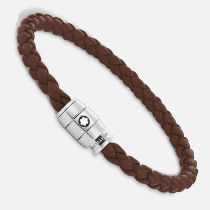 Bracciale marrone fulvo in pelle intrecciata con chiusura magnetica in acciaio pregiato lucido impreziosito montblanc