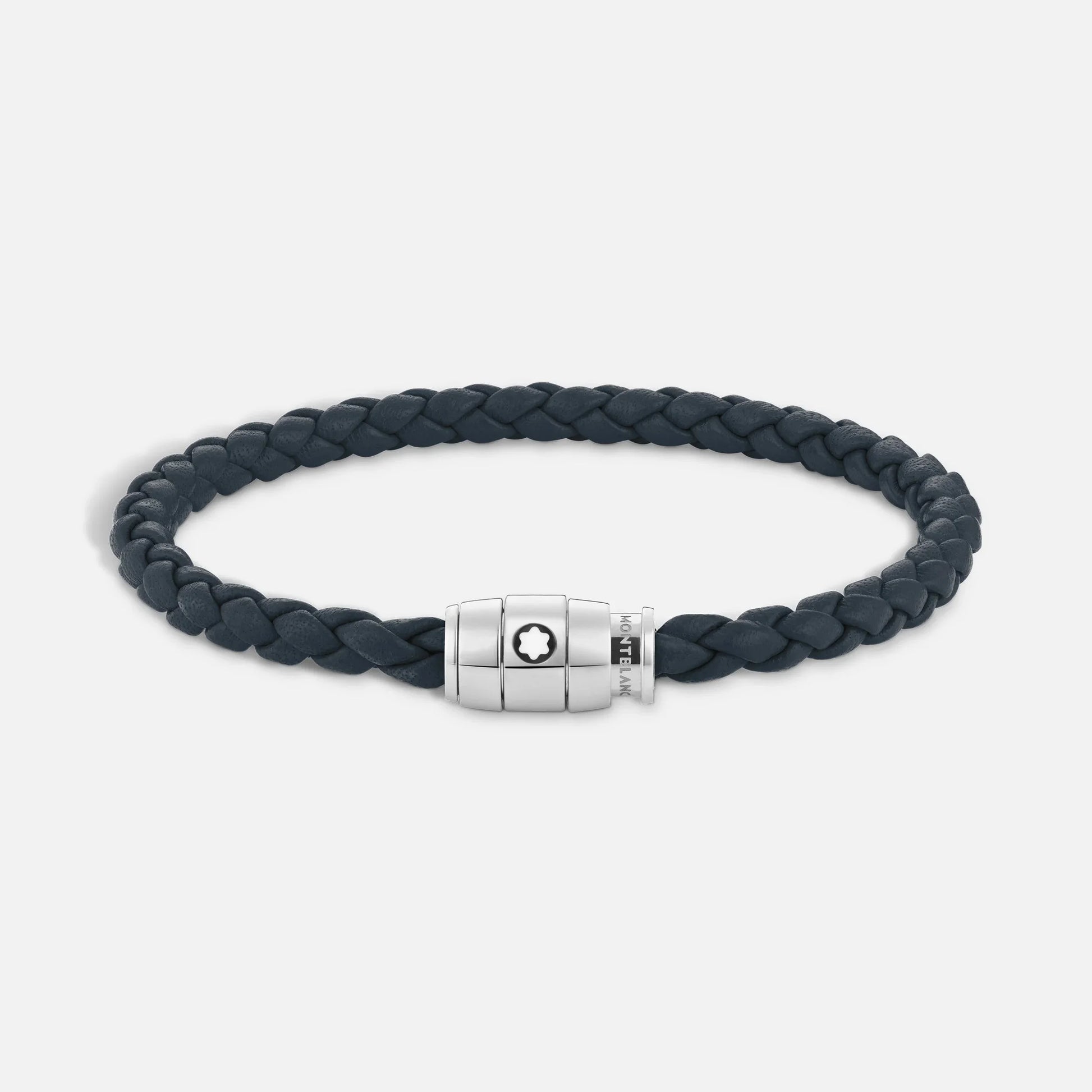 Montblanc bracciale in pelle blu avio intrecciata con chiusura acciaio pregiato lucido impreziosito con stella