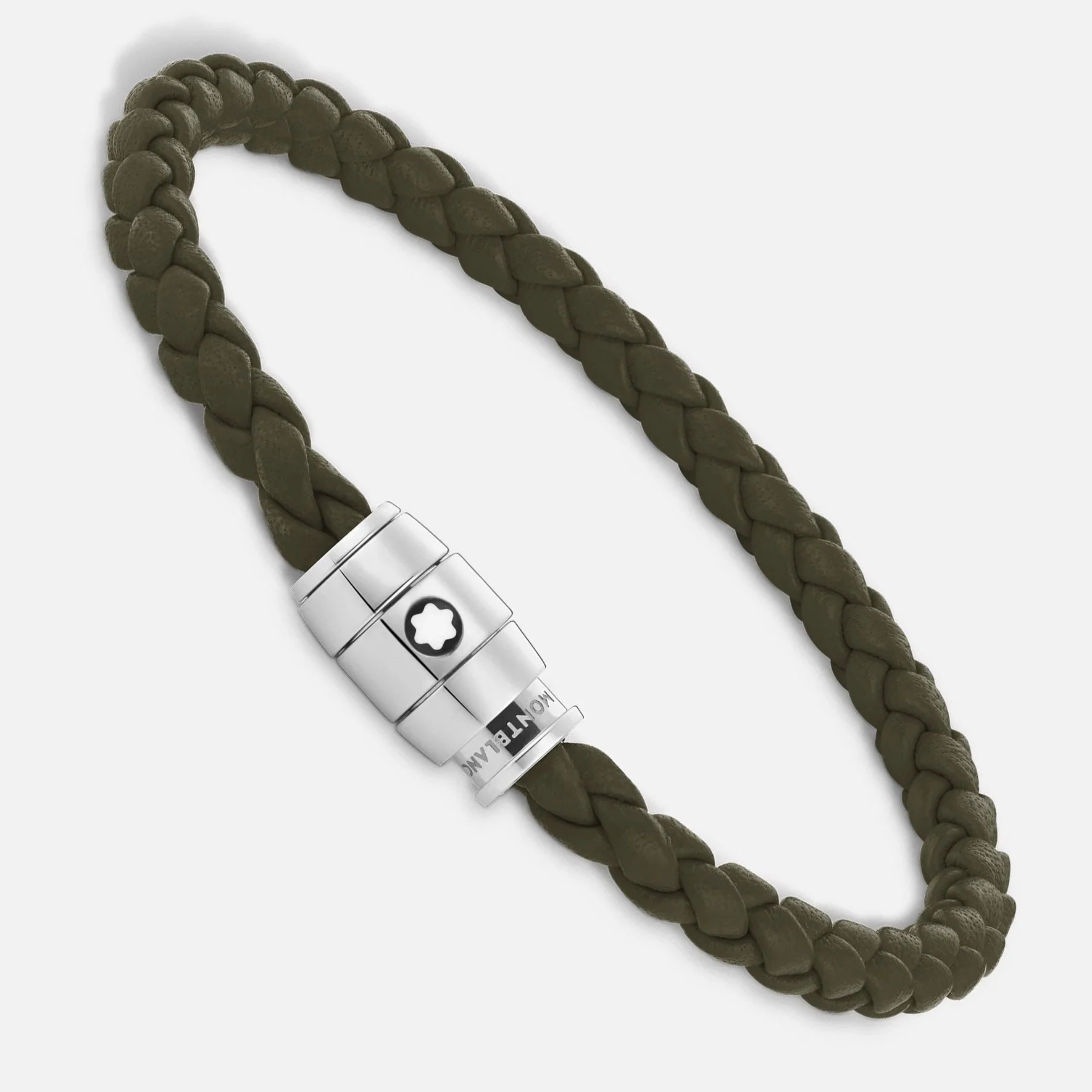 Bracciale montblanc in pelle kaki intrecciata con chiusura magnetica in acciaio pregiato lucido impreziosito
