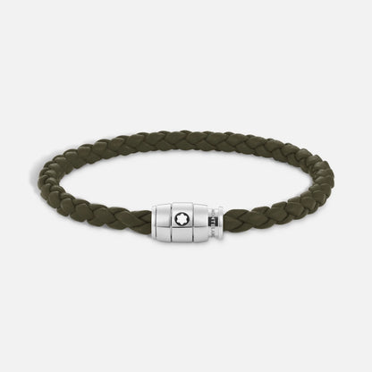 Montblanc bracciale in pelle kaki intrecciata con chiusura magnetica in acciaio pregiato lucido impreziosito dall’emblema