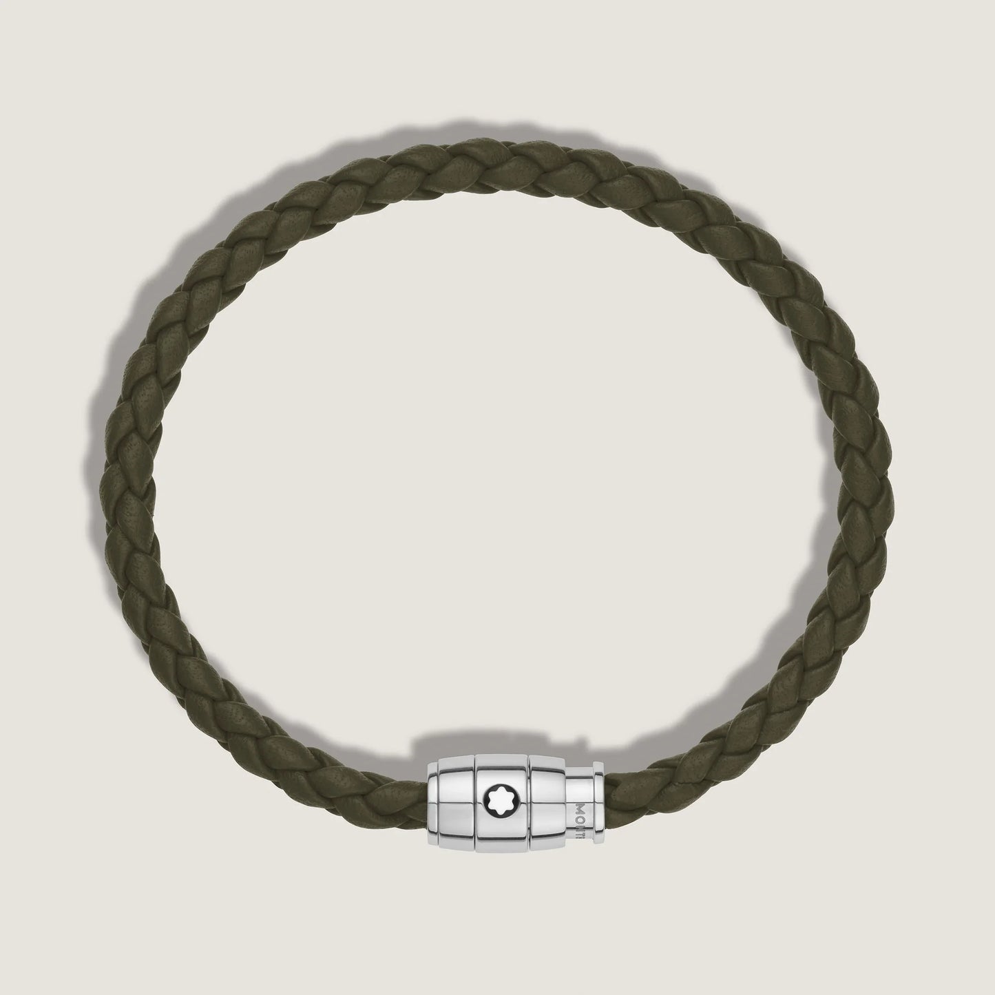Montblanc bracciale in pelle kaki intrecciata con chiusura magnetica in acciaio pregiato lucido impreziosito dal logo