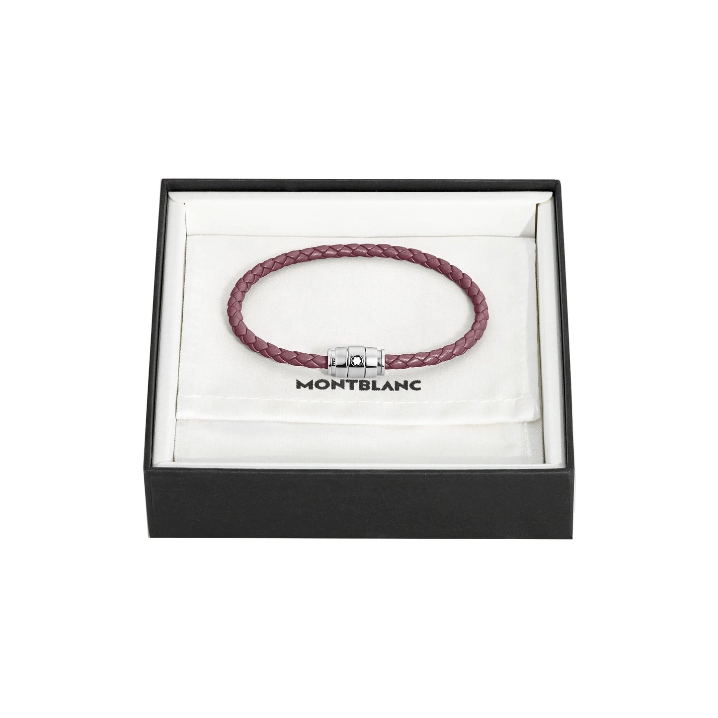 Montblanc bracciale in pelle meisterstück cassis bordeaux intrecciata con chiusura metallica argento in confezione regalo