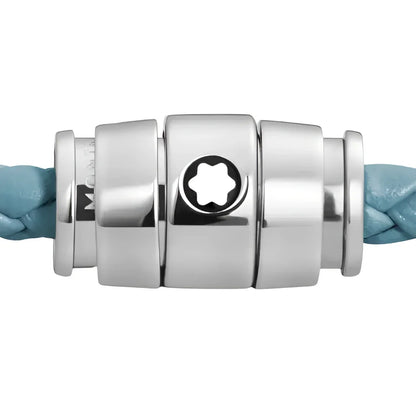 Silver-toned magnetic clasp with a star emblem on a braided pelle meisterstück blu fumè leather cord