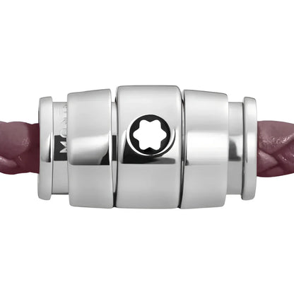 Chiusura in acciaio tono argento con emblema a stella per bracciale in pelle meisterstück cassis intrecciata bordeaux misura s