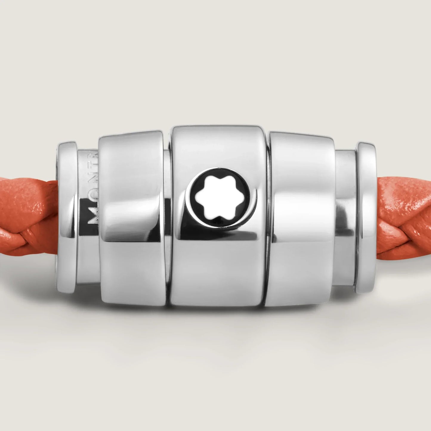 Montblanc bracciale in acciaio con chiusura a stella e pelle meisterstück cayenne arancione intrecciata misura m