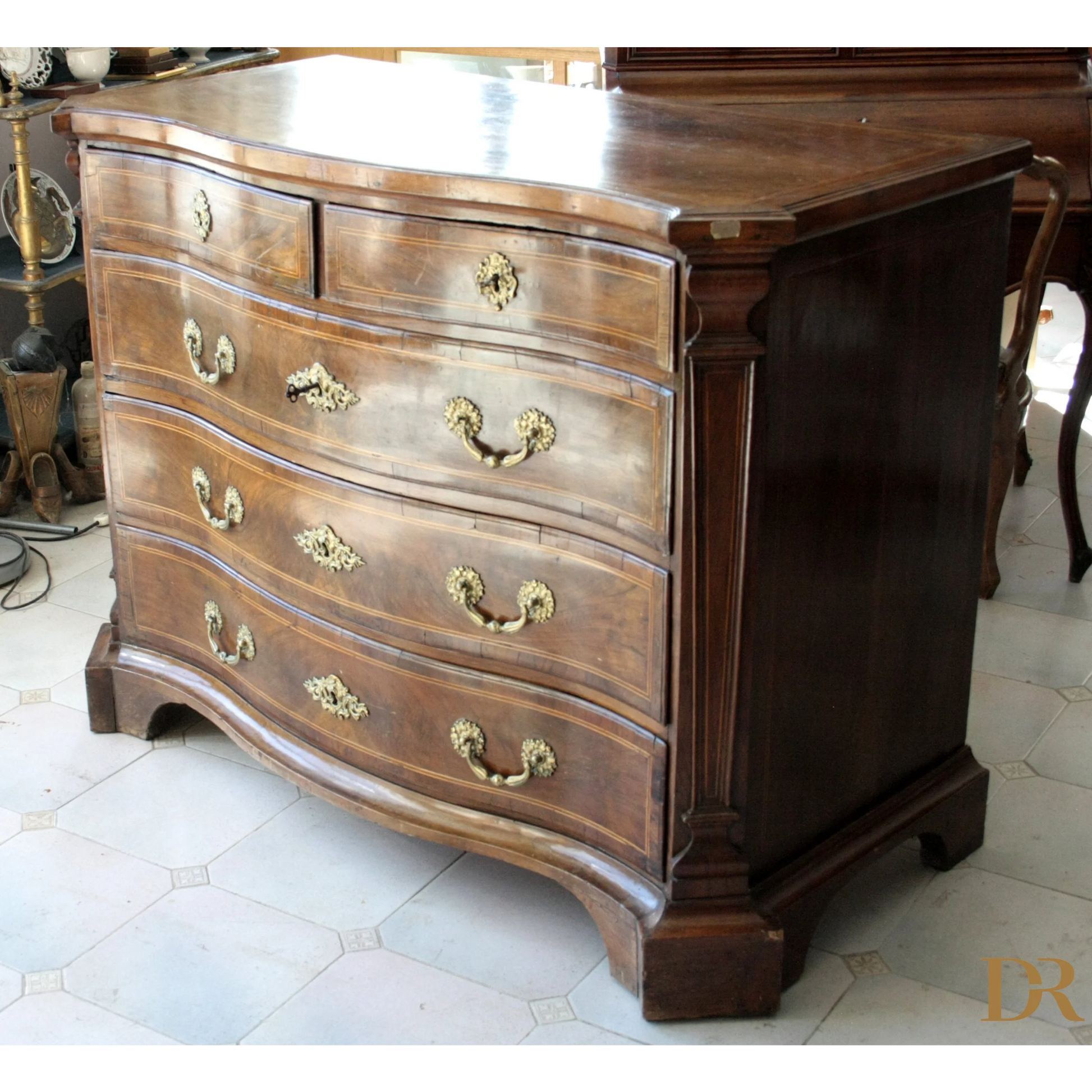 Antique bombe chest of drawers vintage design with brass pulls for casa decor
