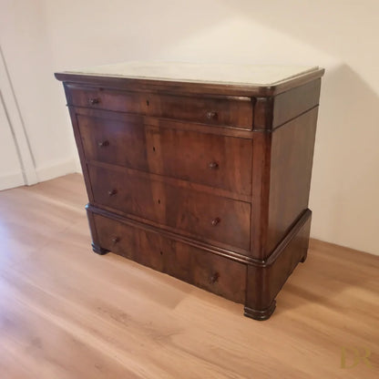 Cassettiera in legno italiana con cinque cassetti e top in marmo, produzione XIX secolo