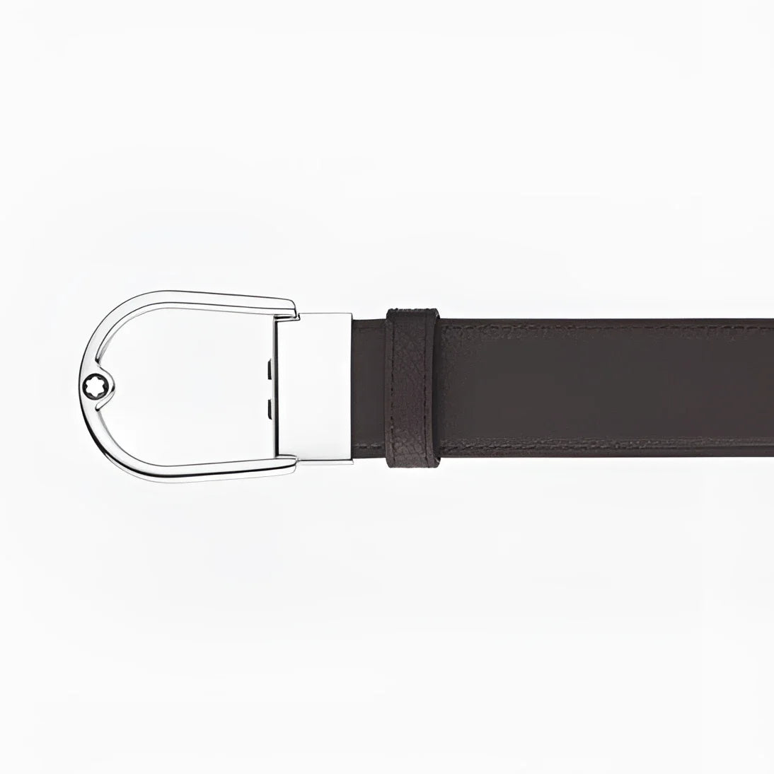 Cintura montblanc 35mm in pregiata pelle granulata ebano con fibbia ferro di cavallo argento lucido e logo montblanc