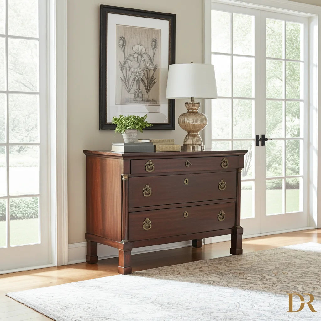 Cassettiera Impero in noce con dettagli bronzo XIX secolo, artigianato italiano d’epoca