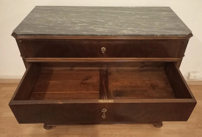 Comò cassettone cassettiera xix secolo in noce con due cassetti e piano in marmo scuro cassettiera classica