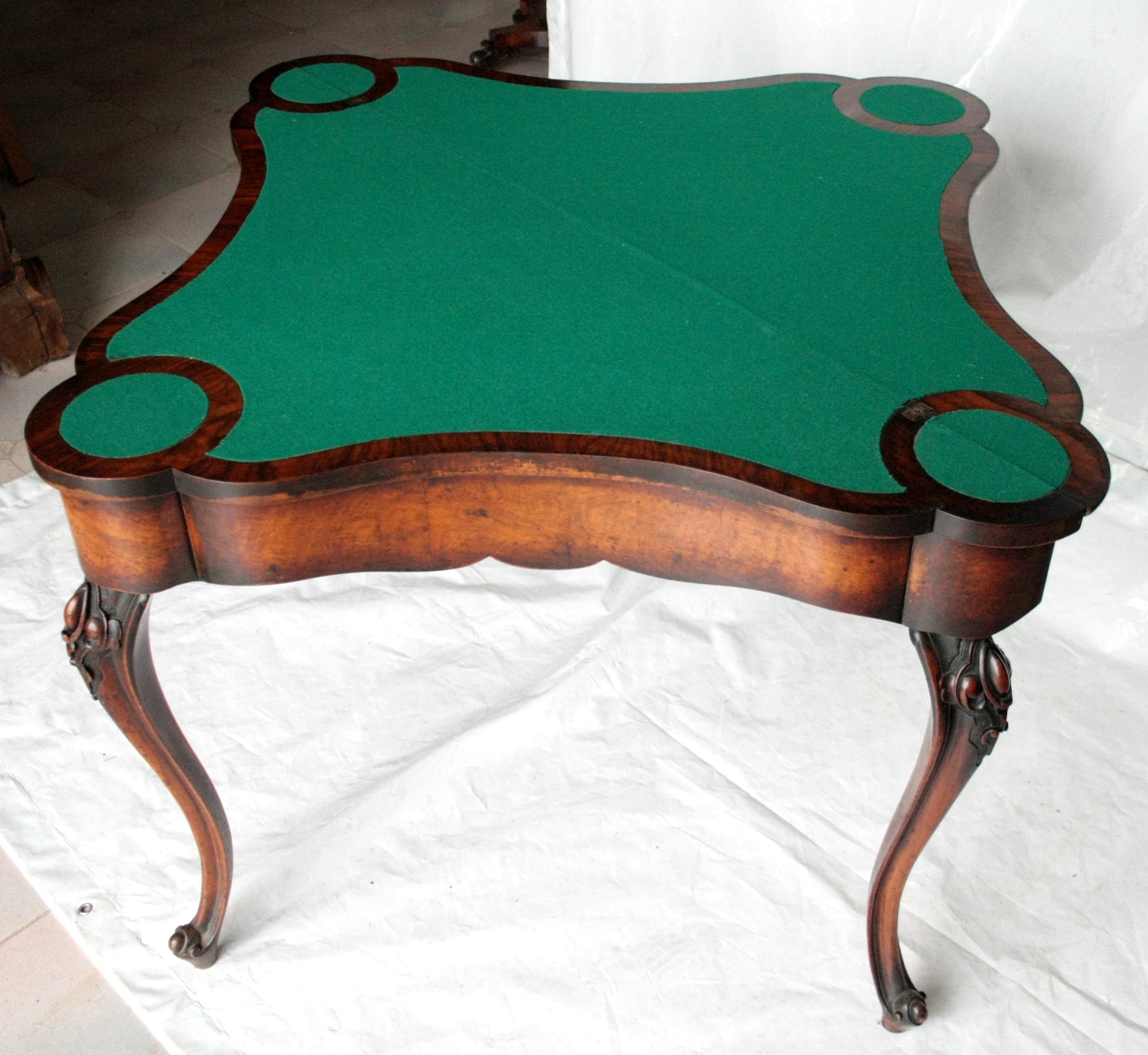 Console tavolo da gioco inglese XVIII secolo con superficie in felt verde e stile antico