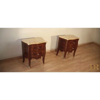 Pair of rose wood bedside tables with marble tops in Luigi XV style