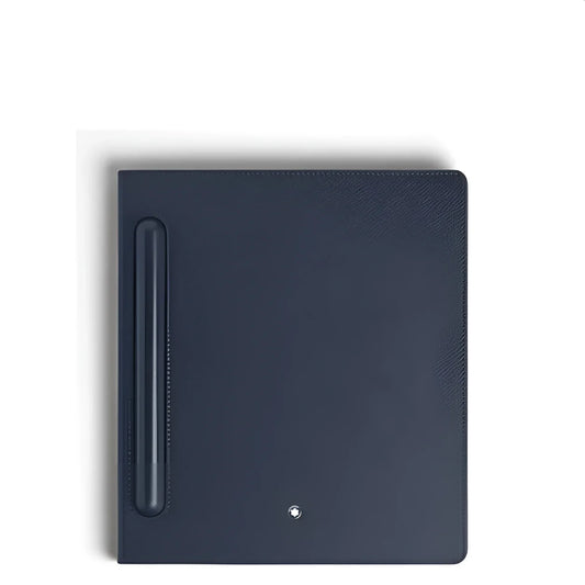 Dark blue textured leather montblanc digital paper folio cover with vertical pen slot and silver emblem at bottom center