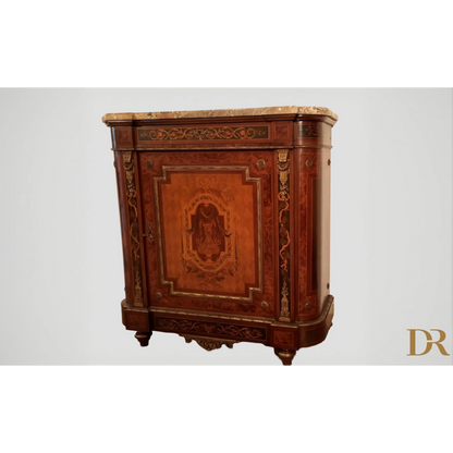 Credenza intarsiata con applicazioni in ottone e marmo, splendida credenza bassa